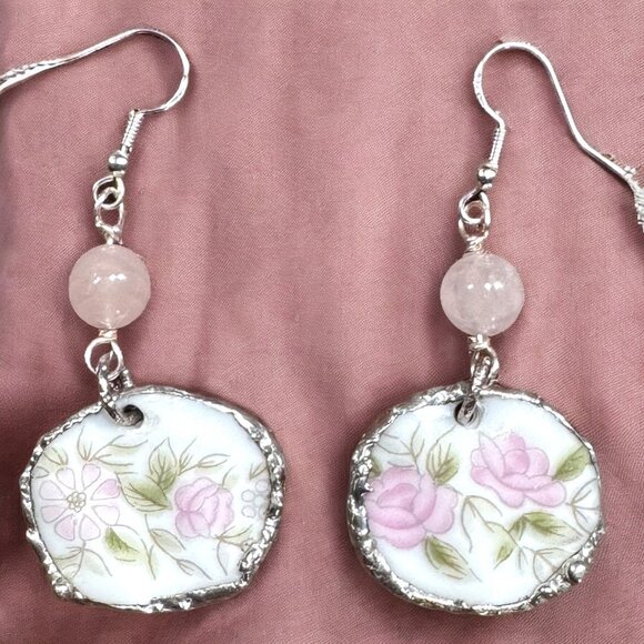 Broken China Floral Earrings W/ 925 Hooks & Silver Blend Bezel With Rose Quartz - Picture 9 of 14